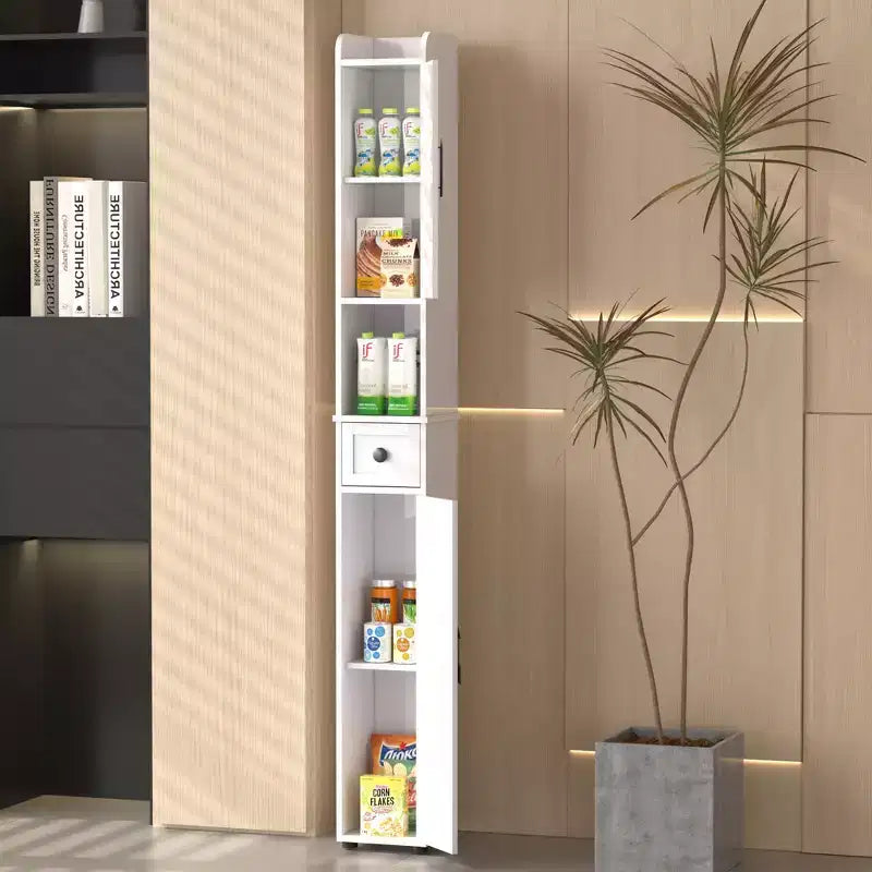 Armario de Almacenamiento Alto y Delgado para Baño con 2 Puertas y Cajón – Blanco