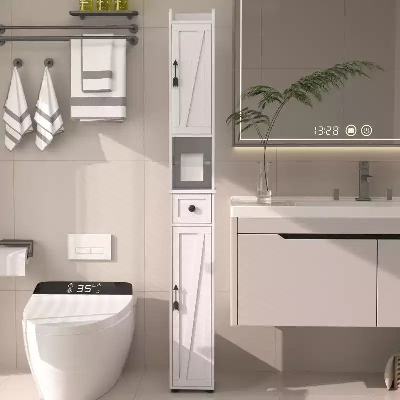 Armario de Almacenamiento Alto y Delgado para Baño con 2 Puertas y Cajón – Blanco