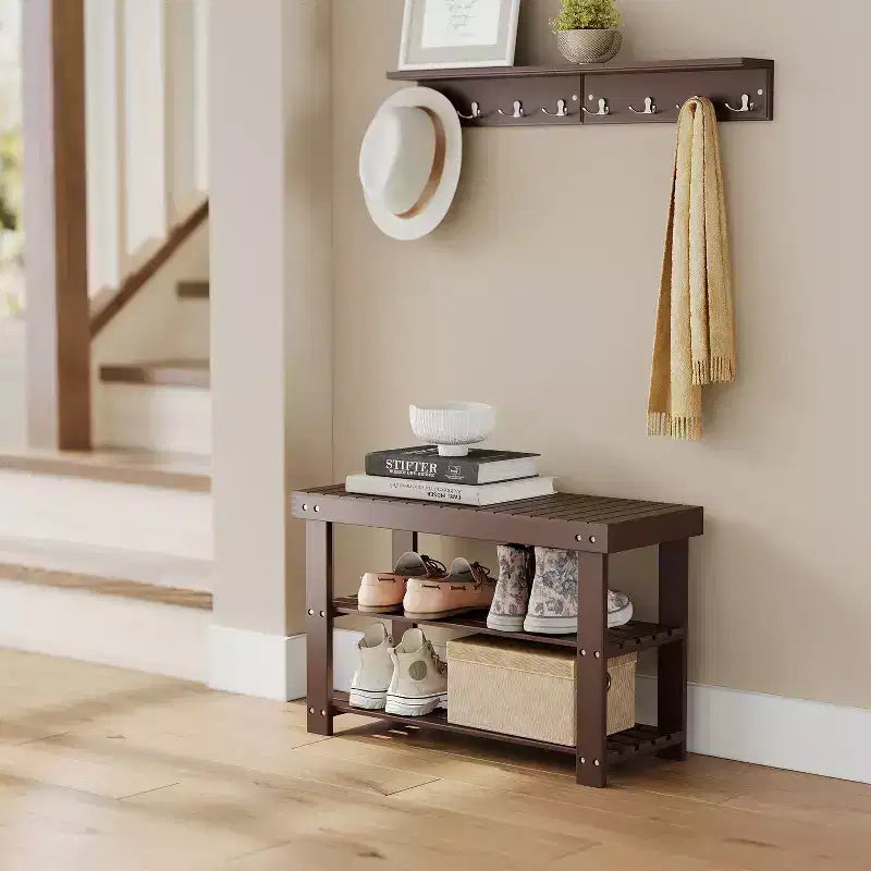 Banco zapatero, organizador de almacenamiento de zapatos de bambú de 3 niveles, banco de entrada, soporta hasta 129.7 kg, 28.7 x 70.1 x 45.2 cm, para entrada, baño, dormitorio