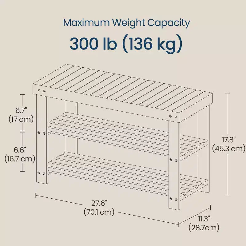 Banco zapatero, organizador de almacenamiento de zapatos de bambú de 3 niveles, banco de entrada, soporta hasta 129.7 kg, 28.7 x 70.1 x 45.2 cm, para entrada, baño, dormitorio