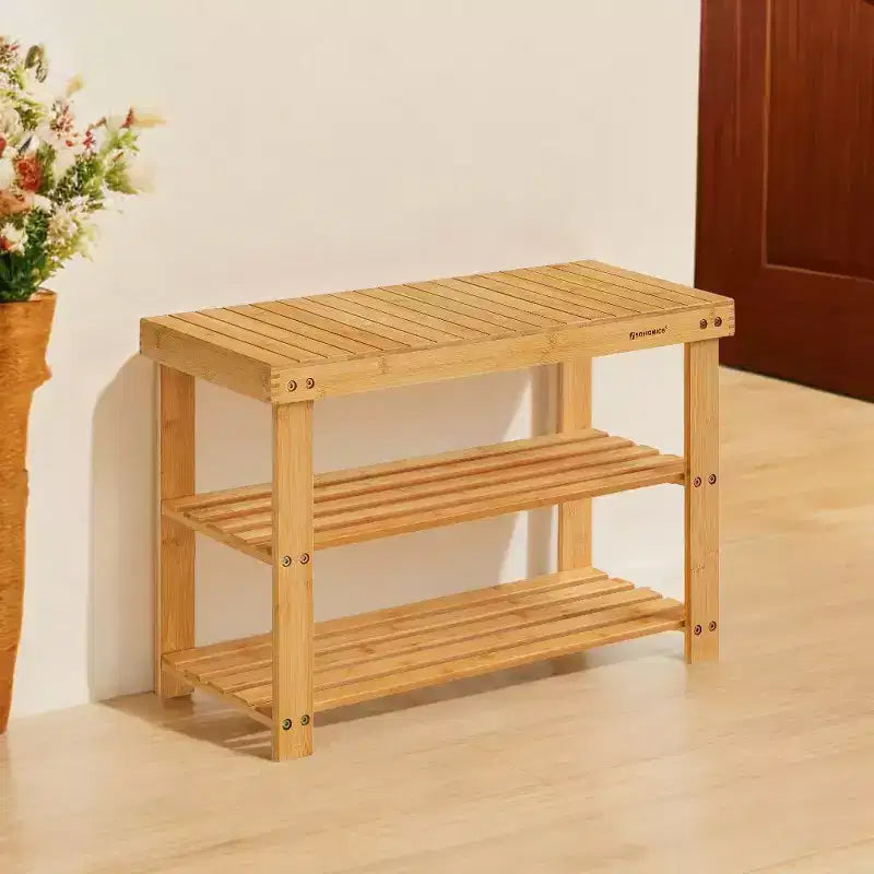 Banco zapatero, organizador de almacenamiento de zapatos de bambú de 3 niveles, banco de entrada, soporta hasta 129.7 kg, 28.7 x 70.1 x 45.2 cm, para entrada, baño, dormitorio