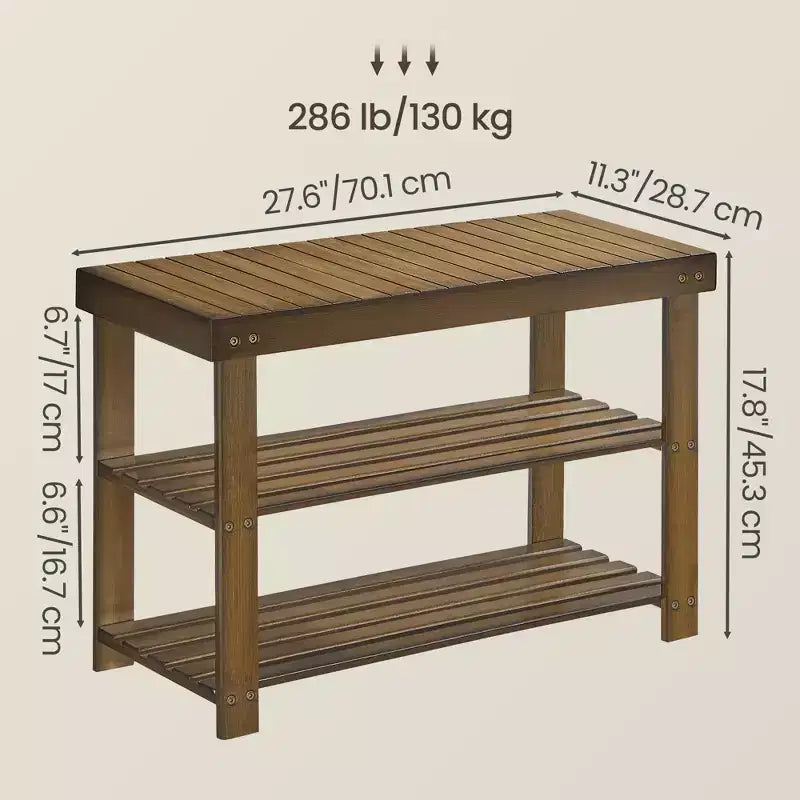 Banco zapatero, organizador de almacenamiento de zapatos de bambú de 3 niveles, banco de entrada, soporta hasta 129.7 kg, 28.7 x 70.1 x 45.2 cm, para entrada, baño, dormitorio