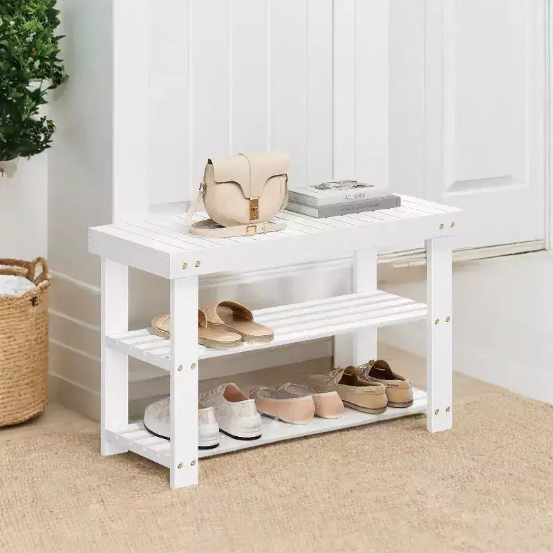 Banco zapatero, organizador de almacenamiento de zapatos de bambú de 3 niveles, banco de entrada, soporta hasta 129.7 kg, 28.7 x 70.1 x 45.2 cm, para entrada, baño, dormitorio
