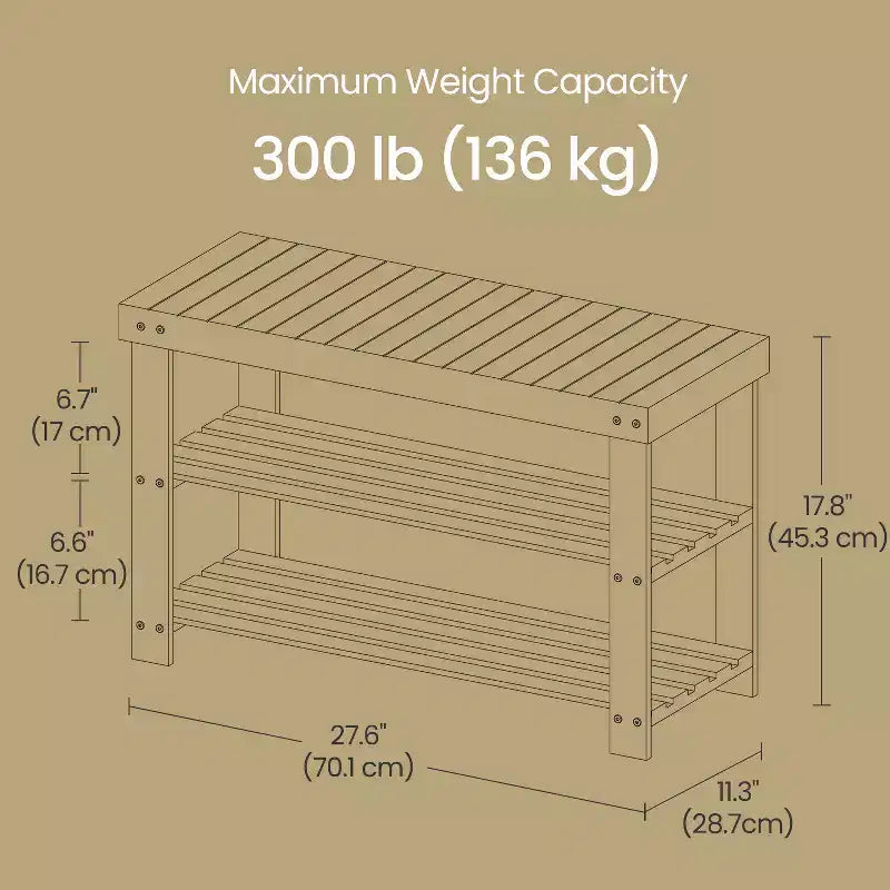 Banco zapatero, organizador de almacenamiento de zapatos de bambú de 3 niveles, banco de entrada, soporta hasta 129.7 kg, 28.7 x 70.1 x 45.2 cm, para entrada, baño, dormitorio