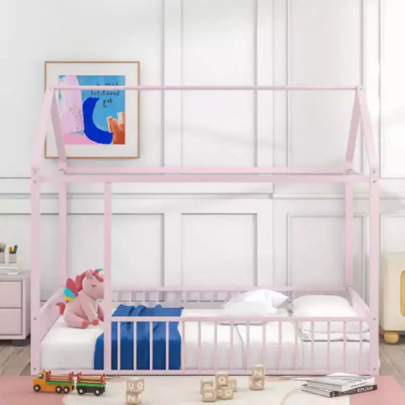 Cama individual de metal con forma de casa y valla, para niños, adolescentes, niñas y niños