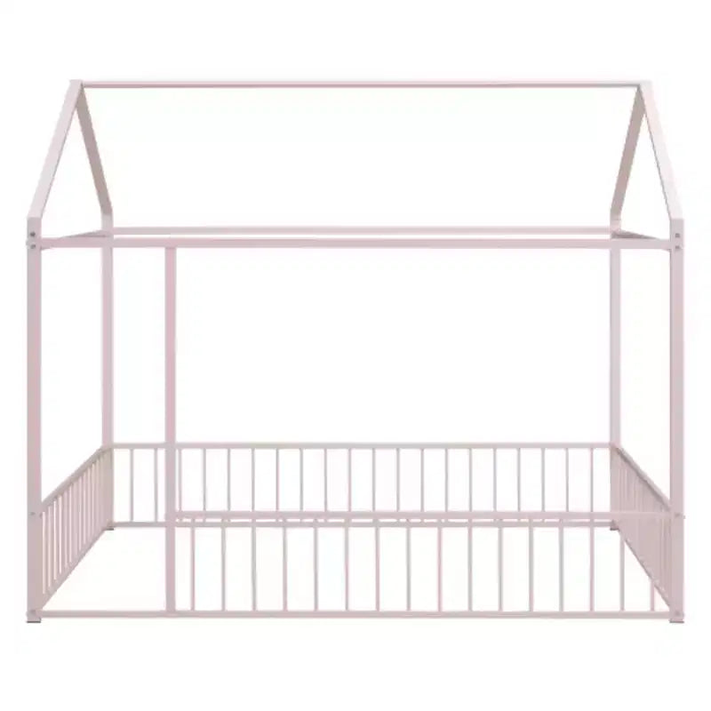 Cama individual de metal con forma de casa y valla, para niños, adolescentes, niñas y niños