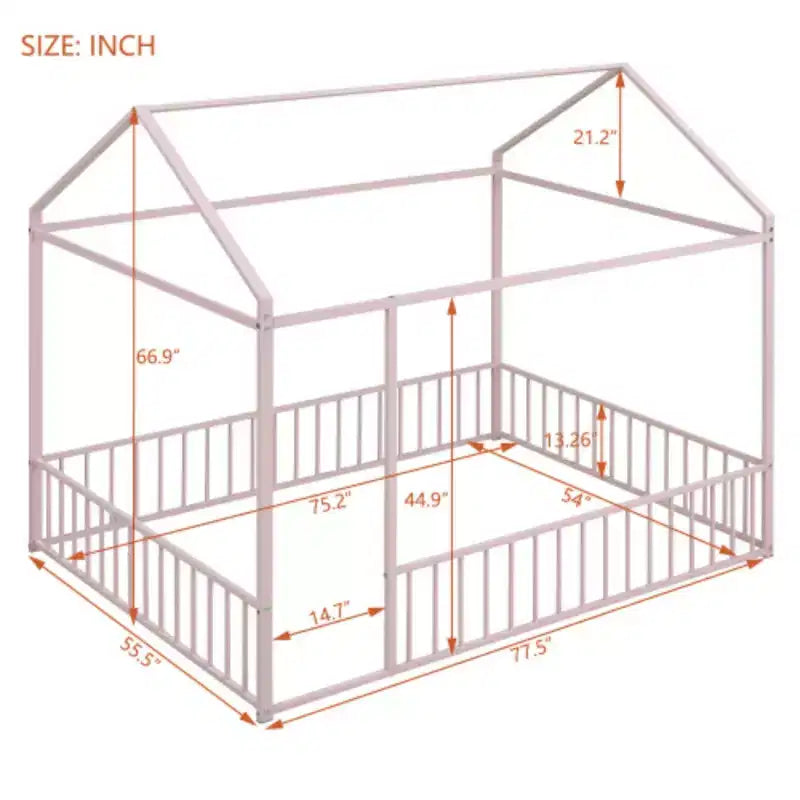 Cama individual de metal con forma de casa y valla, para niños, adolescentes, niñas y niños