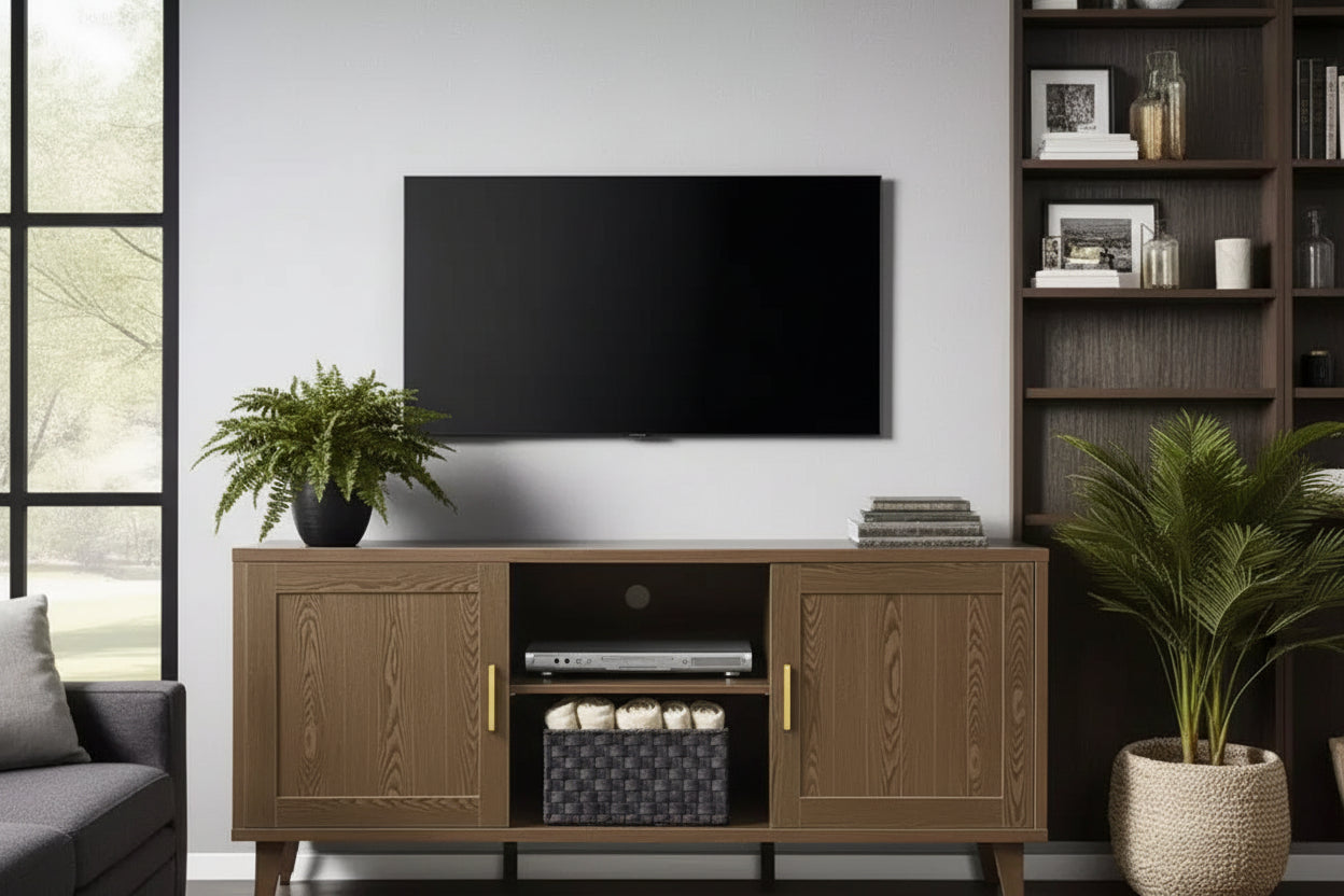 JVNOXK Medieval Modern 60-inch TV Stand, Entertainment Center with Two Doors and Cable Management, Fits TVs 65 inches and under, Walnut