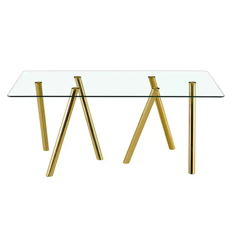 Mesa de comedor de vidrio templado de 71 pulgadas con patas de metal resistentes, resistente a impactos y al calor para comidas familiares