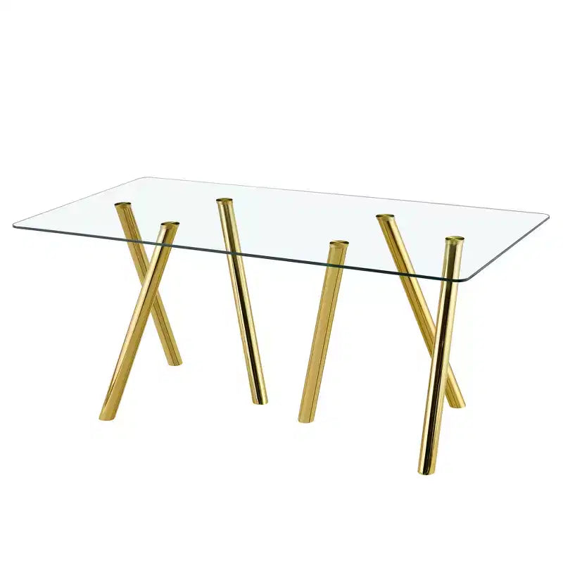 Mesa de comedor de vidrio templado de 71 pulgadas con patas de metal resistentes, resistente a impactos y al calor para comidas familiares