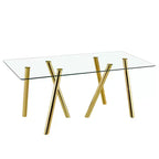 Mesa de comedor de vidrio templado de 71 pulgadas con patas de metal resistentes, resistente a impactos y al calor para comidas familiares