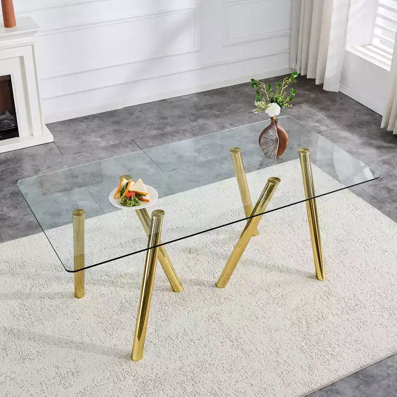 Mesa de comedor de vidrio templado de 71 pulgadas con patas de metal resistentes, resistente a impactos y al calor para comidas familiares