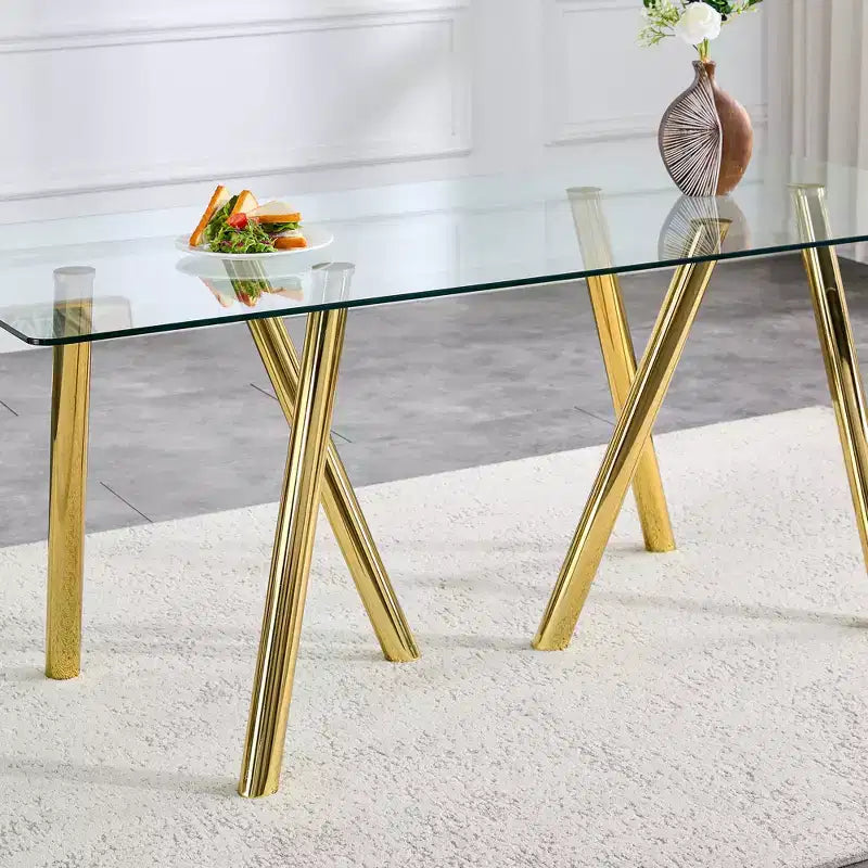 Mesa de comedor de vidrio templado de 71 pulgadas con patas de metal resistentes, resistente a impactos y al calor para comidas familiares