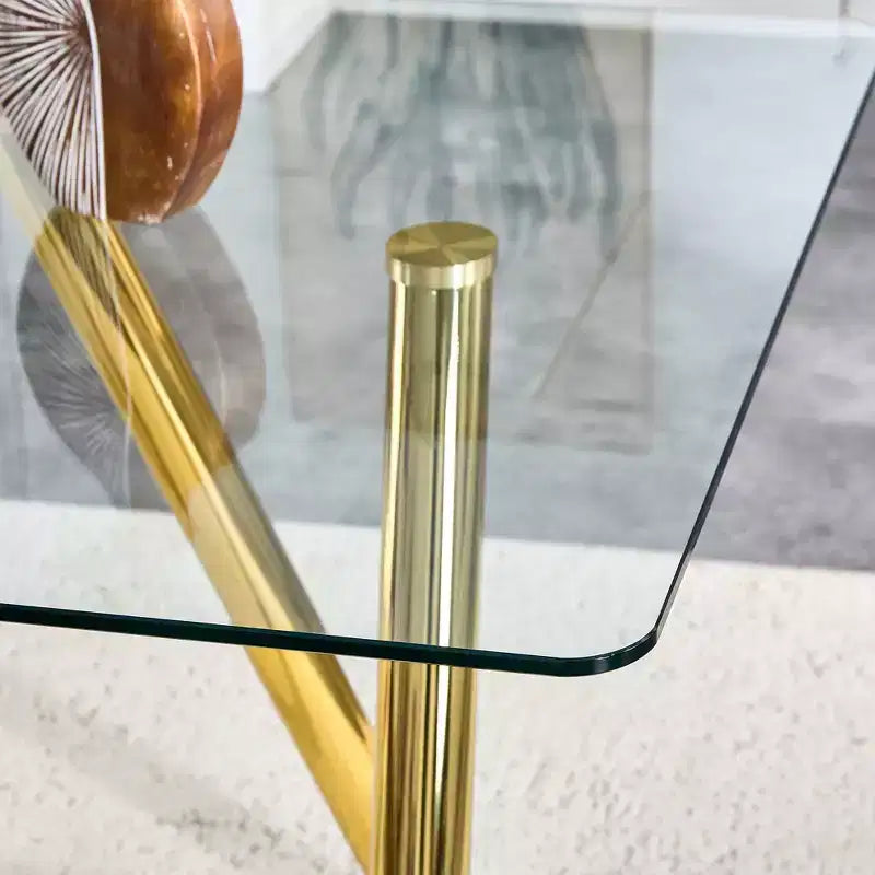 Mesa de comedor de vidrio templado de 71 pulgadas con patas de metal resistentes, resistente a impactos y al calor para comidas familiares