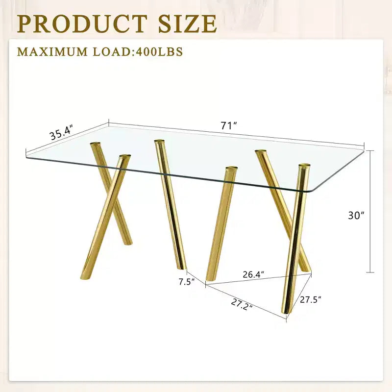 Mesa de comedor de vidrio templado de 71 pulgadas con patas de metal resistentes, resistente a impactos y al calor para comidas familiares