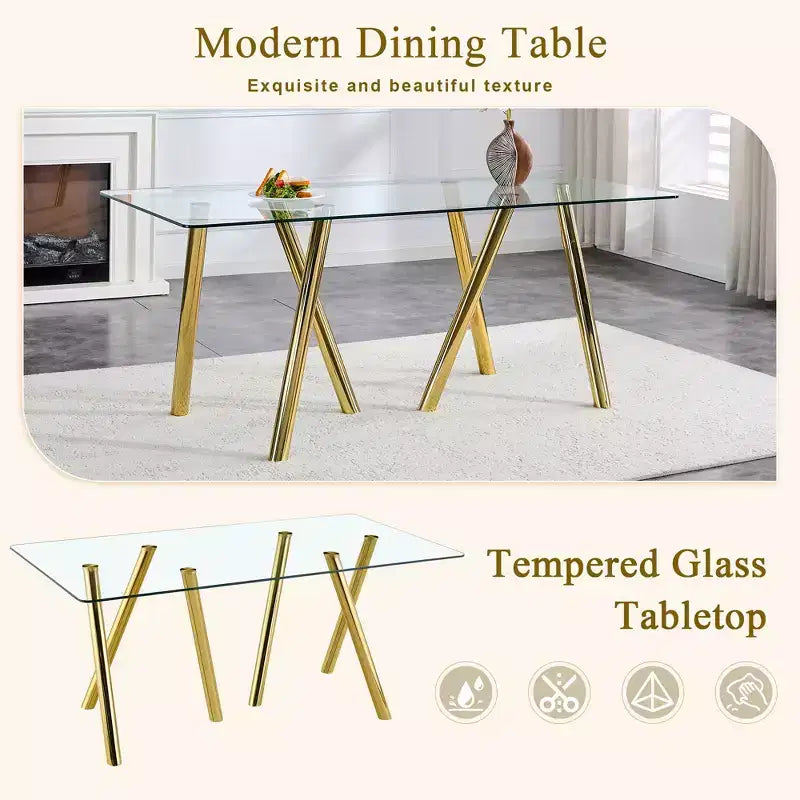 Mesa de comedor de vidrio templado de 71 pulgadas con patas de metal resistentes, resistente a impactos y al calor para comidas familiares
