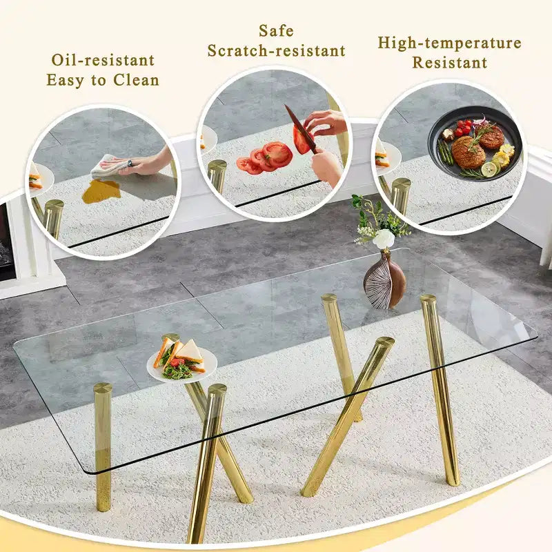 Mesa de comedor de vidrio templado de 71 pulgadas con patas de metal resistentes, resistente a impactos y al calor para comidas familiares