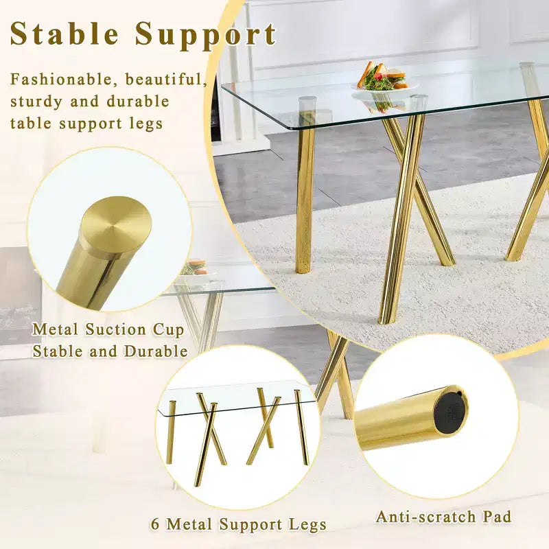 Mesa de comedor de vidrio templado de 71 pulgadas con patas de metal resistentes, resistente a impactos y al calor para comidas familiares