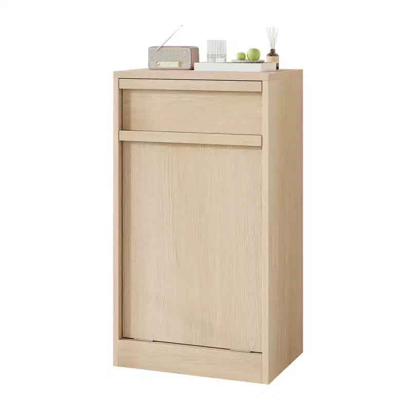 Cubo de basura basculante individual, cubo de basura de roble natural con almacenamiento de 10 galones y 1 cajón, cubo de basura oculto, cesto para ropa sucia