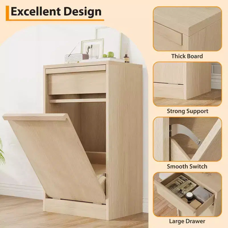 Cubo de basura basculante individual, cubo de basura de roble natural con almacenamiento de 10 galones y 1 cajón, cubo de basura oculto, cesto para ropa sucia