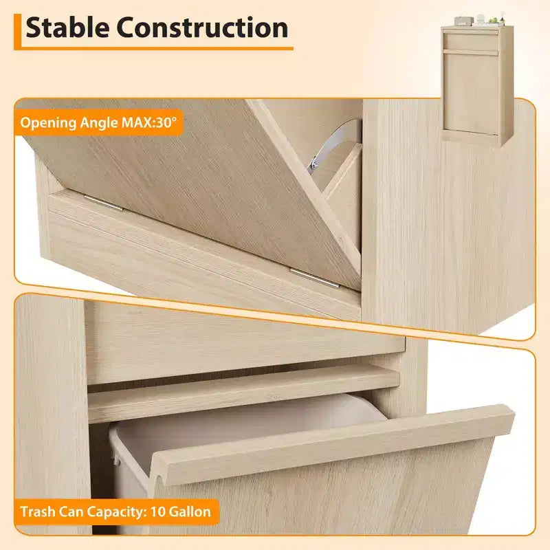 Cubo de basura basculante individual, cubo de basura de roble natural con almacenamiento de 10 galones y 1 cajón, cubo de basura oculto, cesto para ropa sucia