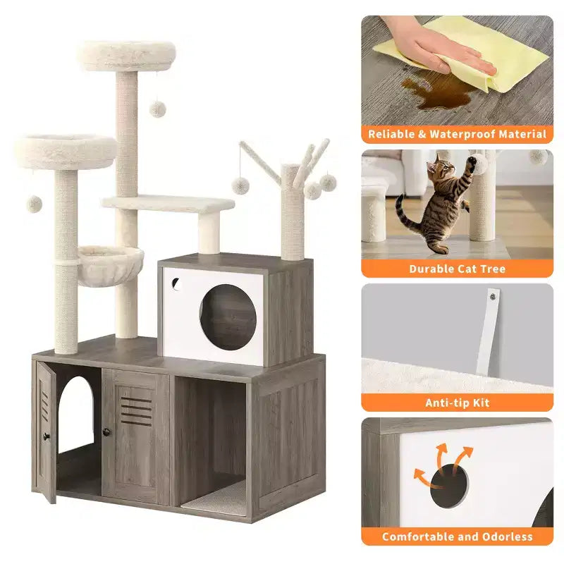 Arenero para Gatos Oculto, Árbol para Gatos de Múltiples Niveles con Postes Rascadores, Condominio para Gatos con Hamaca y Cesta, Muebles de Interior para Gatos con Arenero Escondido