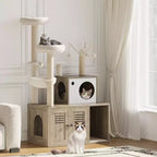 Arenero para Gatos Oculto, Árbol para Gatos de Múltiples Niveles con Postes Rascadores, Condominio para Gatos con Hamaca y Cesta, Muebles de Interior para Gatos con Arenero Escondido