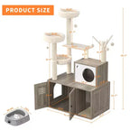 Arenero para Gatos Oculto, Árbol para Gatos de Múltiples Niveles con Postes Rascadores, Condominio para Gatos con Hamaca y Cesta, Muebles de Interior para Gatos con Arenero Escondido