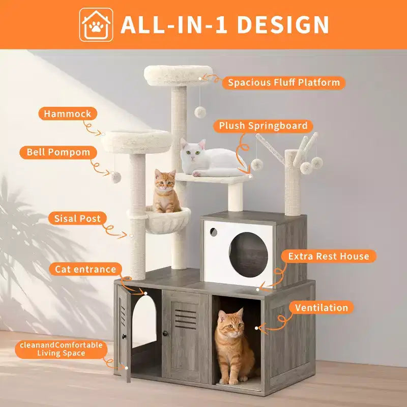 Arenero para Gatos Oculto, Árbol para Gatos de Múltiples Niveles con Postes Rascadores, Condominio para Gatos con Hamaca y Cesta, Muebles de Interior para Gatos con Arenero Escondido