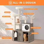 Arenero para Gatos Oculto, Árbol para Gatos de Múltiples Niveles con Postes Rascadores, Condominio para Gatos con Hamaca y Cesta, Muebles de Interior para Gatos con Arenero Escondido