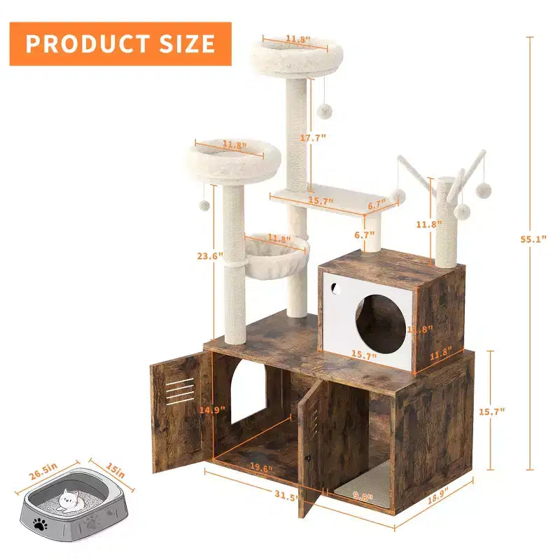 Arenero para Gatos Oculto, Árbol para Gatos de Múltiples Niveles con Postes Rascadores, Condominio para Gatos con Hamaca y Cesta, Muebles de Interior para Gatos con Arenero Escondido
