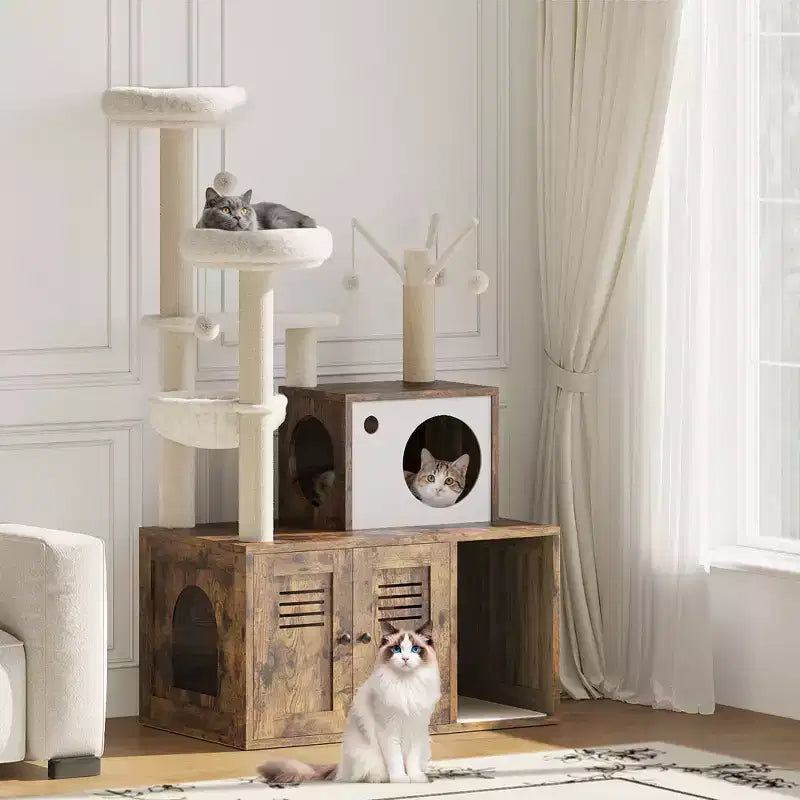 Arenero para Gatos Oculto, Árbol para Gatos de Múltiples Niveles con Postes Rascadores, Condominio para Gatos con Hamaca y Cesta, Muebles de Interior para Gatos con Arenero Escondido