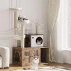 Arenero para Gatos Oculto, Árbol para Gatos de Múltiples Niveles con Postes Rascadores, Condominio para Gatos con Hamaca y Cesta, Muebles de Interior para Gatos con Arenero Escondido