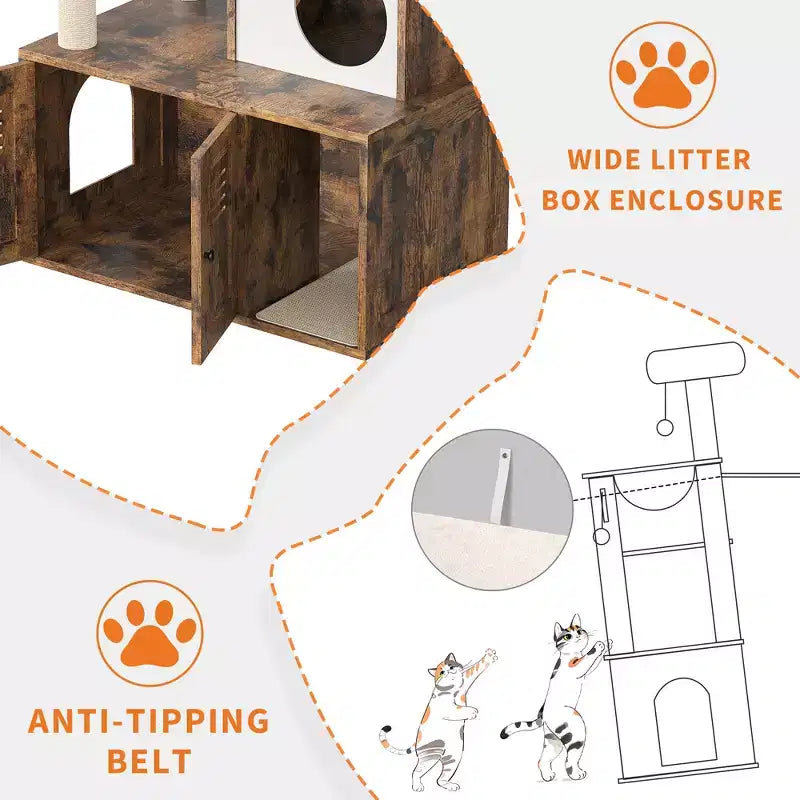 Arenero para Gatos Oculto, Árbol para Gatos de Múltiples Niveles con Postes Rascadores, Condominio para Gatos con Hamaca y Cesta, Muebles de Interior para Gatos con Arenero Escondido