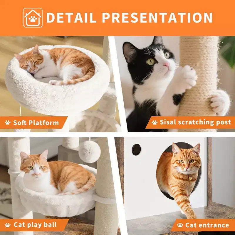 Arenero para Gatos Oculto, Árbol para Gatos de Múltiples Niveles con Postes Rascadores, Condominio para Gatos con Hamaca y Cesta, Muebles de Interior para Gatos con Arenero Escondido