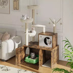 Arenero para Gatos Oculto, Árbol para Gatos de Múltiples Niveles con Postes Rascadores, Condominio para Gatos con Hamaca y Cesta, Muebles de Interior para Gatos con Arenero Escondido