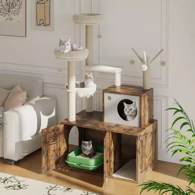 Arenero para Gatos Oculto, Árbol para Gatos de Múltiples Niveles con Postes Rascadores, Condominio para Gatos con Hamaca y Cesta, Muebles de Interior para Gatos con Arenero Escondido