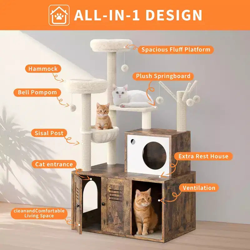 Arenero para Gatos Oculto, Árbol para Gatos de Múltiples Niveles con Postes Rascadores, Condominio para Gatos con Hamaca y Cesta, Muebles de Interior para Gatos con Arenero Escondido