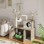 Arenero para Gatos Oculto, Árbol para Gatos de Múltiples Niveles con Postes Rascadores, Condominio para Gatos con Hamaca y Cesta, Muebles de Interior para Gatos con Arenero Escondido